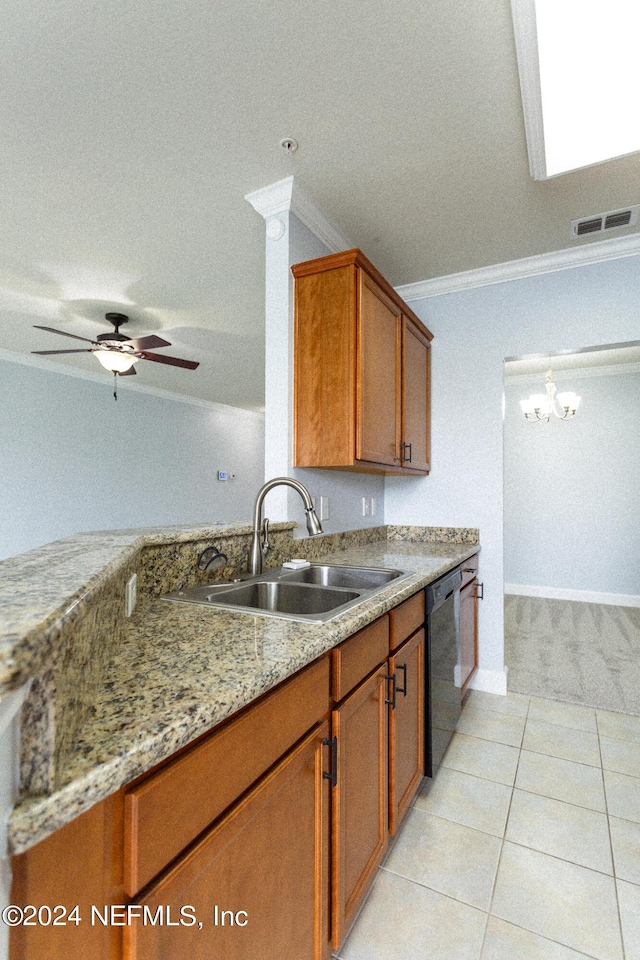 11789 Surfbird Cir Unit 6F, Jacksonville, FL 32256 - kitchen featuring visible vents, dishwasher, ornamental molding, brown cabinetry, and a sink
