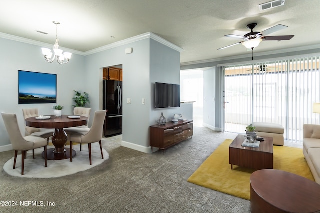 11789 Surfbird Cir Unit 6F, Jacksonville, FL 32256 - dining area with visible vents, ornamental molding, ceiling fan with notable chandelier, baseboards, and light colored carpet
