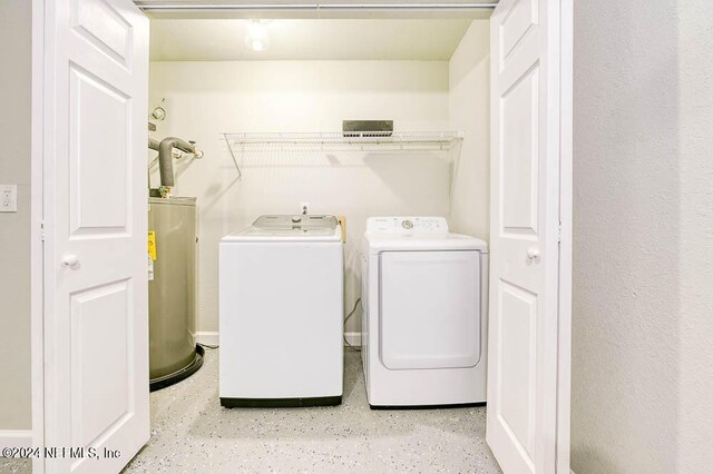 laundry area with water heater and washer and dryer