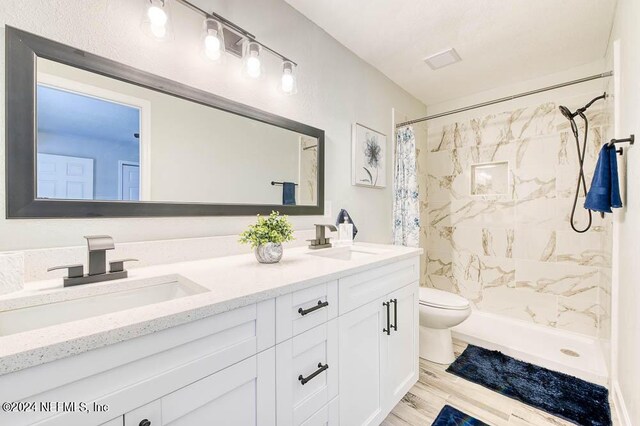 bathroom with a shower with curtain, toilet, hardwood / wood-style floors, and vanity