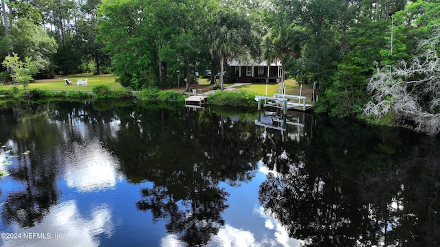 water view featuring a dock