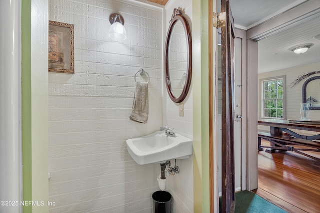 bathroom with a sink and wood finished floors