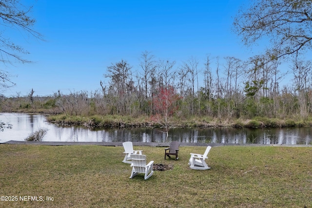 dock area featuring a water view and a yard