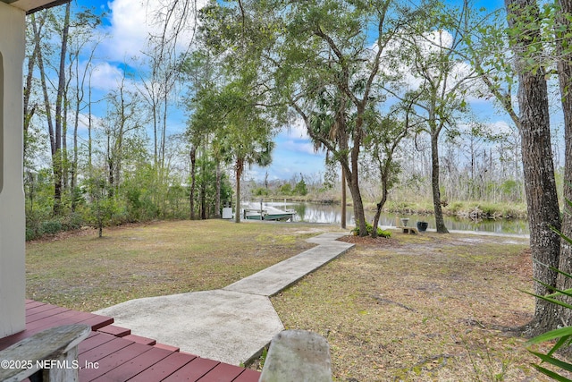 view of yard featuring a water view and a boat dock