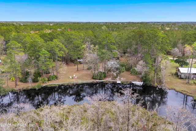 aerial view featuring a water view and a forest view