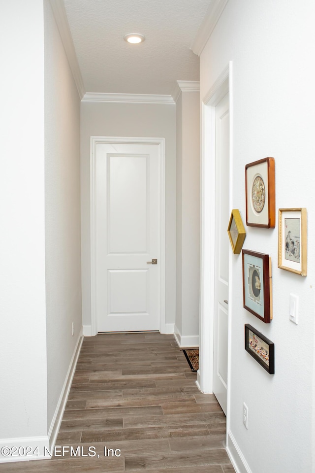 corridor featuring crown molding and hardwood / wood-style floors