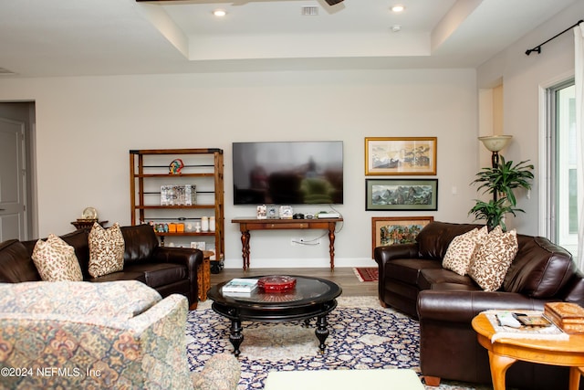 living room with hardwood / wood-style floors and a raised ceiling