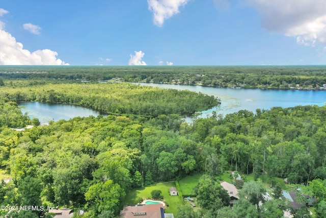 birds eye view of property with a water view and a view of trees