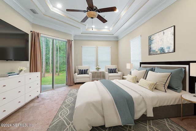 bedroom with a raised ceiling, crown molding, ceiling fan, access to exterior, and light colored carpet