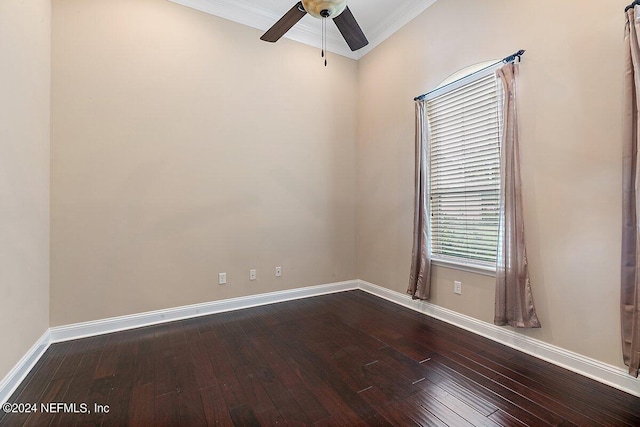 spare room featuring hardwood / wood-style flooring, ceiling fan, and ornamental molding