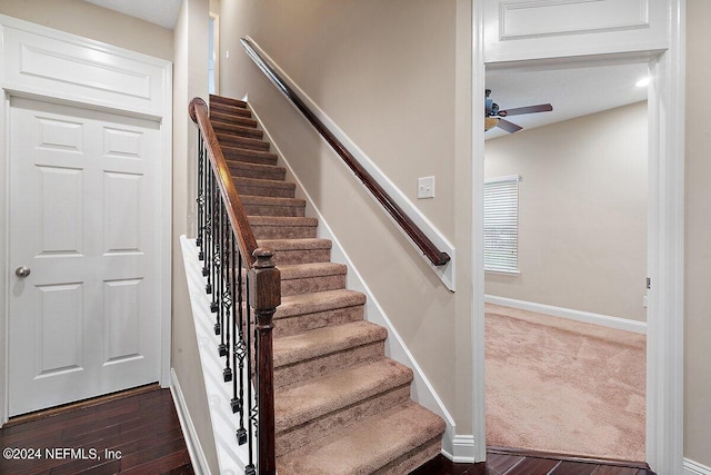 stairs with hardwood / wood-style flooring and ceiling fan