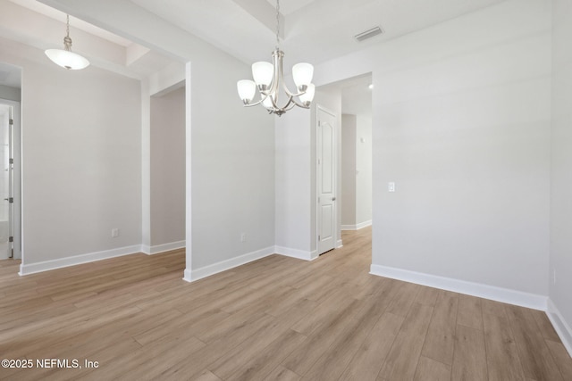 unfurnished dining area featuring a chandelier and light hardwood / wood-style floors