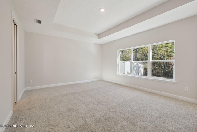 carpeted empty room with a tray ceiling