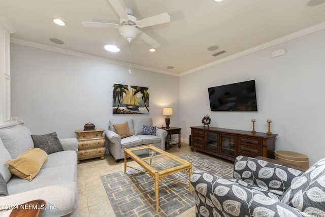 tiled living room featuring ceiling fan and ornamental molding