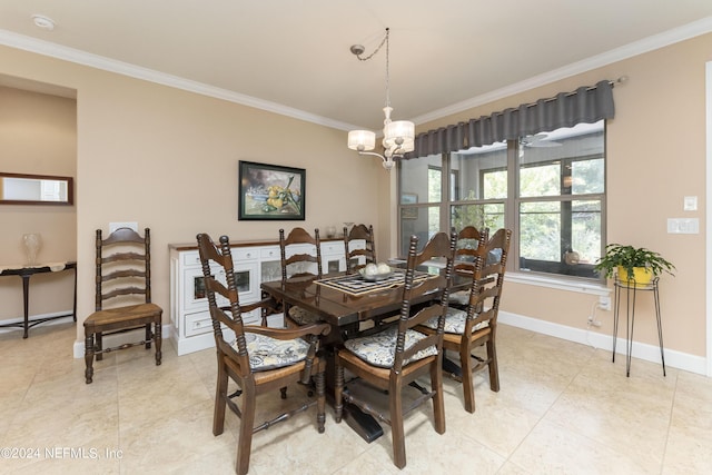 tiled dining room featuring ornamental molding and a notable chandelier