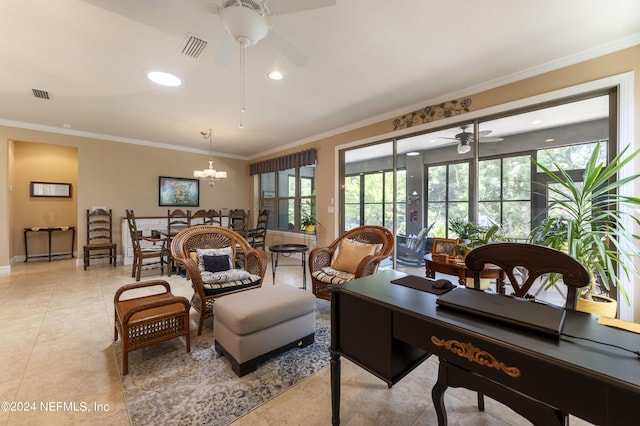 interior space with ceiling fan with notable chandelier, light tile patterned floors, and crown molding