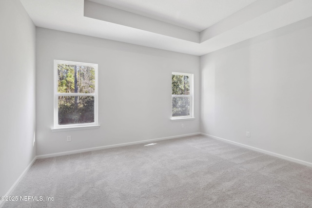 carpeted empty room featuring a tray ceiling