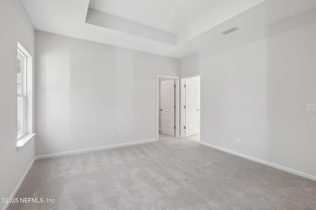 carpeted empty room with a raised ceiling