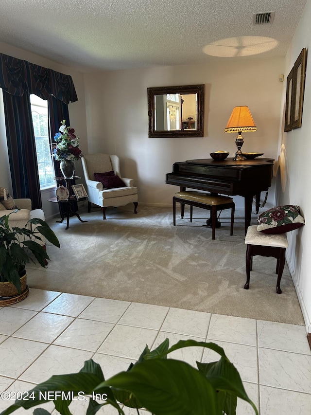 living area with a textured ceiling and light colored carpet