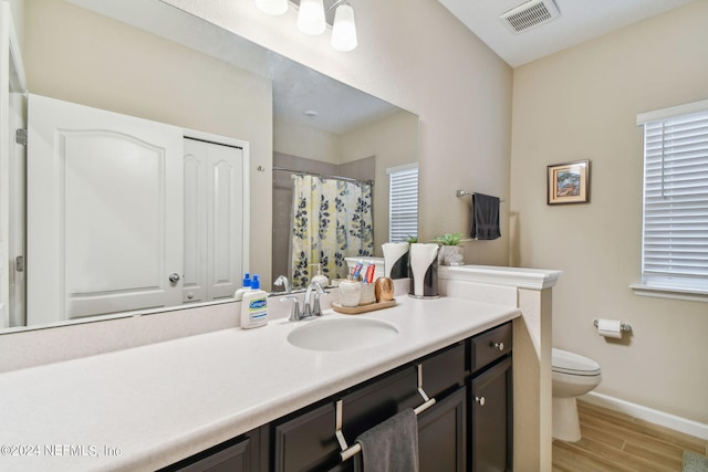 bathroom with vanity, hardwood / wood-style flooring, and toilet