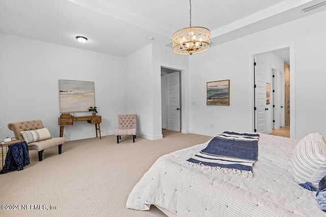 bedroom with a notable chandelier and light colored carpet