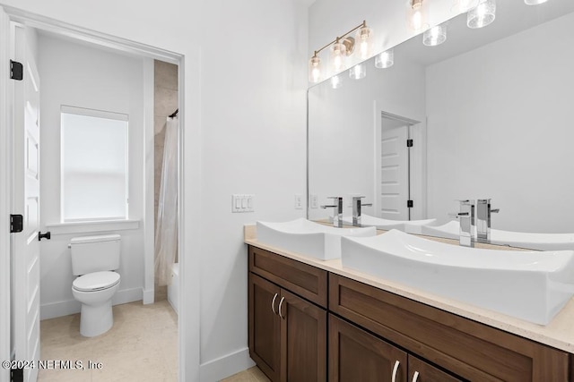 full bathroom with tile patterned flooring, shower / bath combo, toilet, and dual bowl vanity