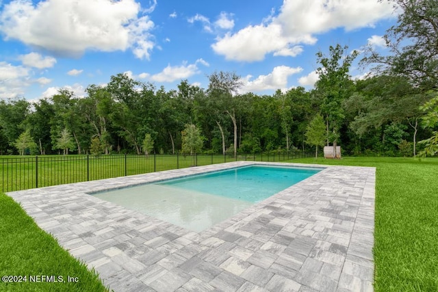 view of pool featuring a patio and a yard