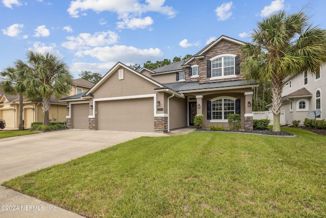 120 Ellsworth Cir, Saint Johns, FL 32259 - view of front of home with stone siding, an attached garage, concrete driveway, a front lawn, and stucco siding