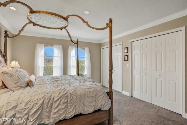 bedroom featuring a textured ceiling, carpet floors, two closets, and crown molding