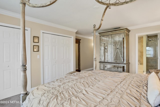 bedroom featuring two closets and ornamental molding