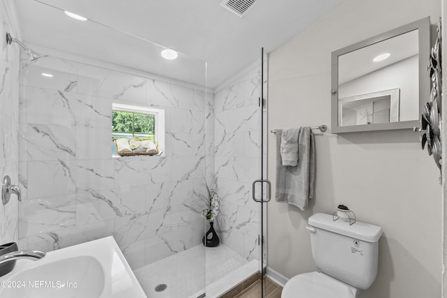 bathroom with sink, a shower with door, and toilet