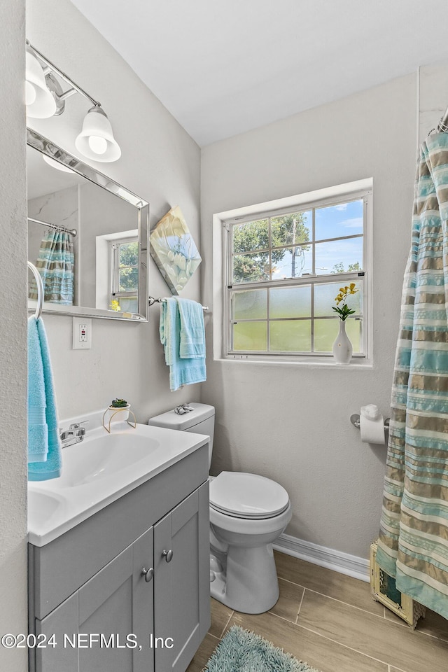 bathroom featuring a wealth of natural light, vanity, and toilet