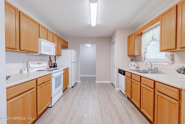 kitchen with a textured ceiling, white appliances, sink, light brown cabinets, and light hardwood / wood-style flooring