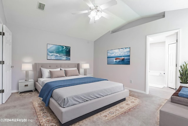 carpeted bedroom with ceiling fan and lofted ceiling