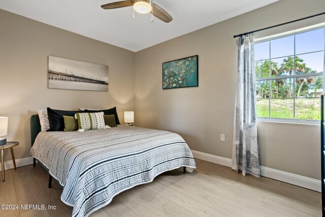 bedroom featuring ceiling fan and light hardwood / wood-style flooring