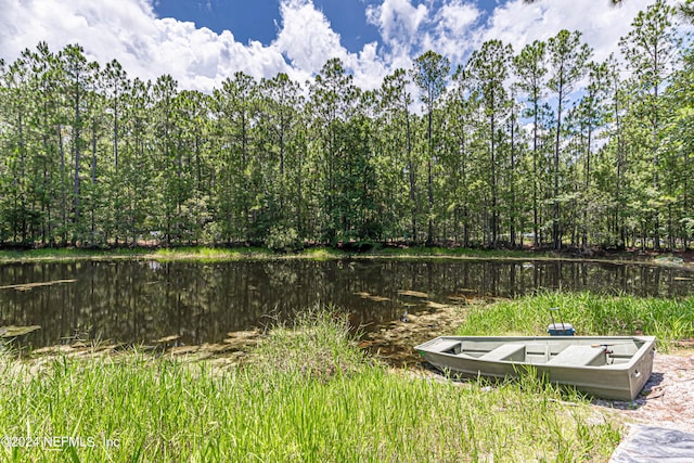 exterior space featuring a water view and a view of trees