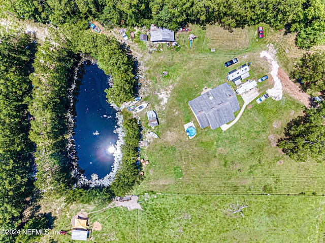 aerial view featuring a water view