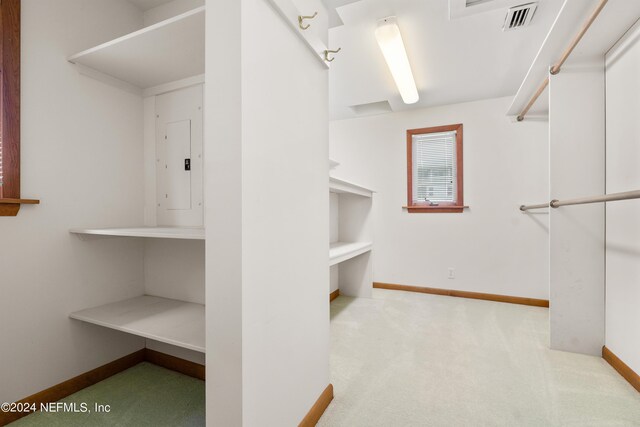 walk in closet featuring carpet flooring, visible vents, and electric panel