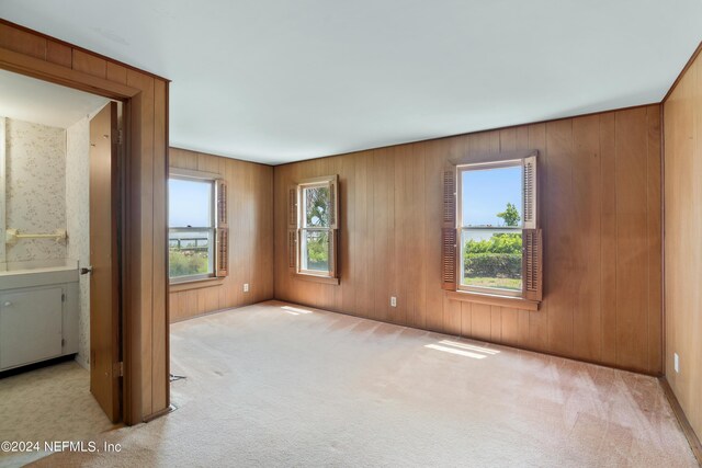 empty room with wood walls and carpet flooring