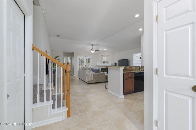 kitchen with dishwasher, ceiling fan, light tile patterned floors, and french doors