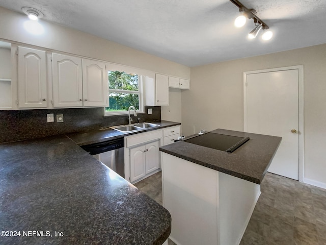 kitchen with sink, white cabinets, a center island, and dishwasher