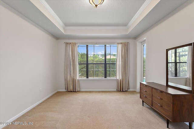 unfurnished bedroom with a raised ceiling, light colored carpet, and ornamental molding