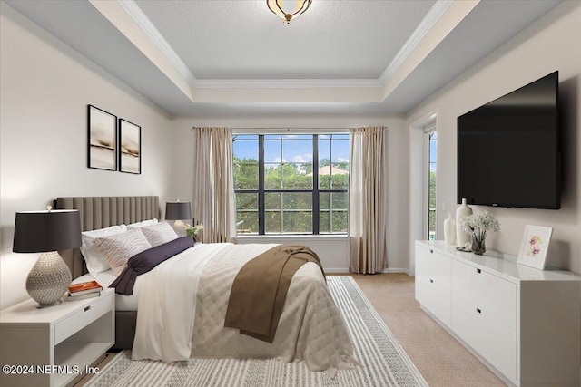 bedroom with light colored carpet, a raised ceiling, and crown molding