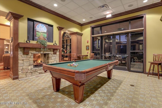 632 River Run Blvd, Ponte Vedra, FL 32081 - game room featuring ornamental molding, a stone fireplace, visible vents, carpet floors, and billiards