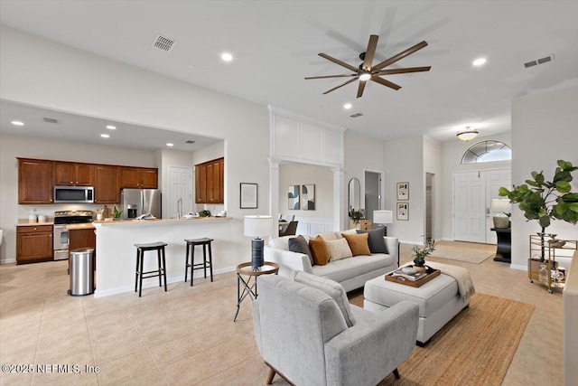632 River Run Blvd, Ponte Vedra, FL 32081 - living area with light tile patterned floors, a ceiling fan, visible vents, and recessed lighting