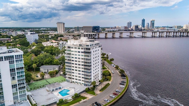 drone / aerial view with a water view