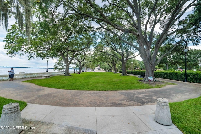 view of community featuring a lawn and a water view