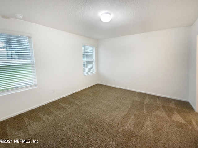 carpeted empty room featuring a textured ceiling