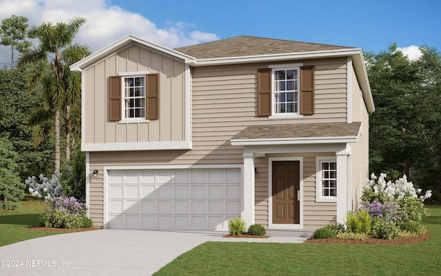 traditional-style home with board and batten siding, roof with shingles, driveway, and an attached garage