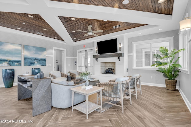 living room with french doors, ceiling fan, wooden ceiling, a fireplace, and light parquet flooring